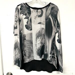 Linea Domani monochrome long sleeve print top Womens Size 14 Flowy hi lo hem